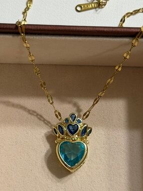 Golden Blue Zirconia Crown Heart Pendant Stainless Steel Stamped Necklace Chain